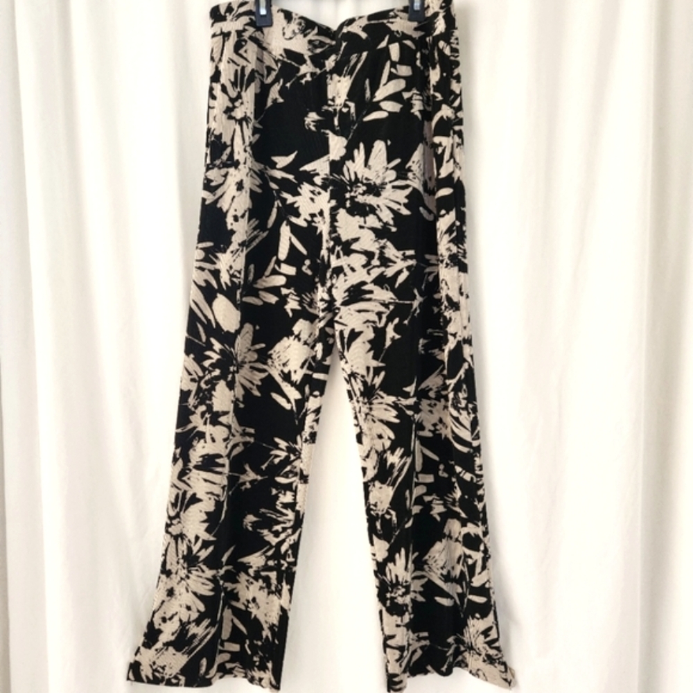 🔥ALFANI Elegant Floral Black Cream Wide-Leg Pants Accordian Pleats Size Large